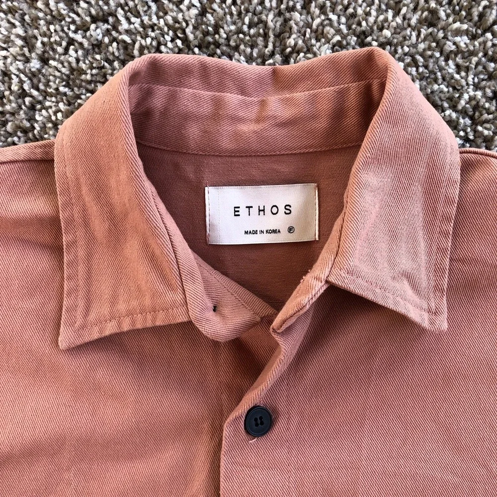 ETHOS Button Up Shirt Jacket Salmon Pink Oversized Long Sleeve Korean Streetwear - Picture 3 of 8